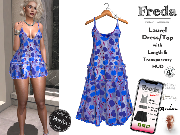 Second Life Marketplace "Freda" Laurel Ruffle Dress Flowers Blue